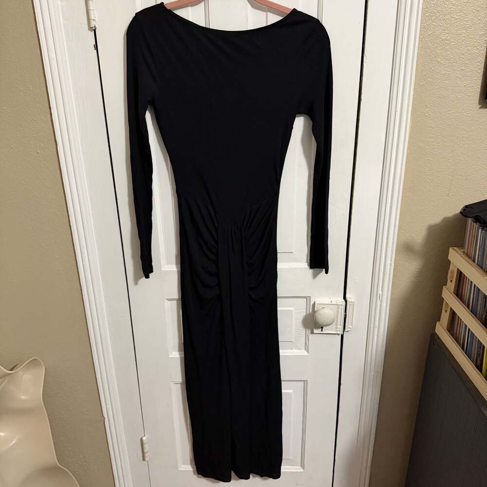 Staud Gres Midi Dress Black Ruched Slimming Long Sleeve Boat Neck Minimal Small - Picture 4 of 12